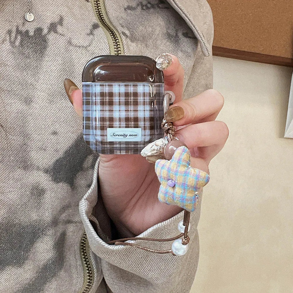 Ins Fashion Brown Grid Case For AirPods 4 ANC Pro 2 Earphone Protecitve Cover For AirPods 1 2 3 4th Soft Case with Star Keychain