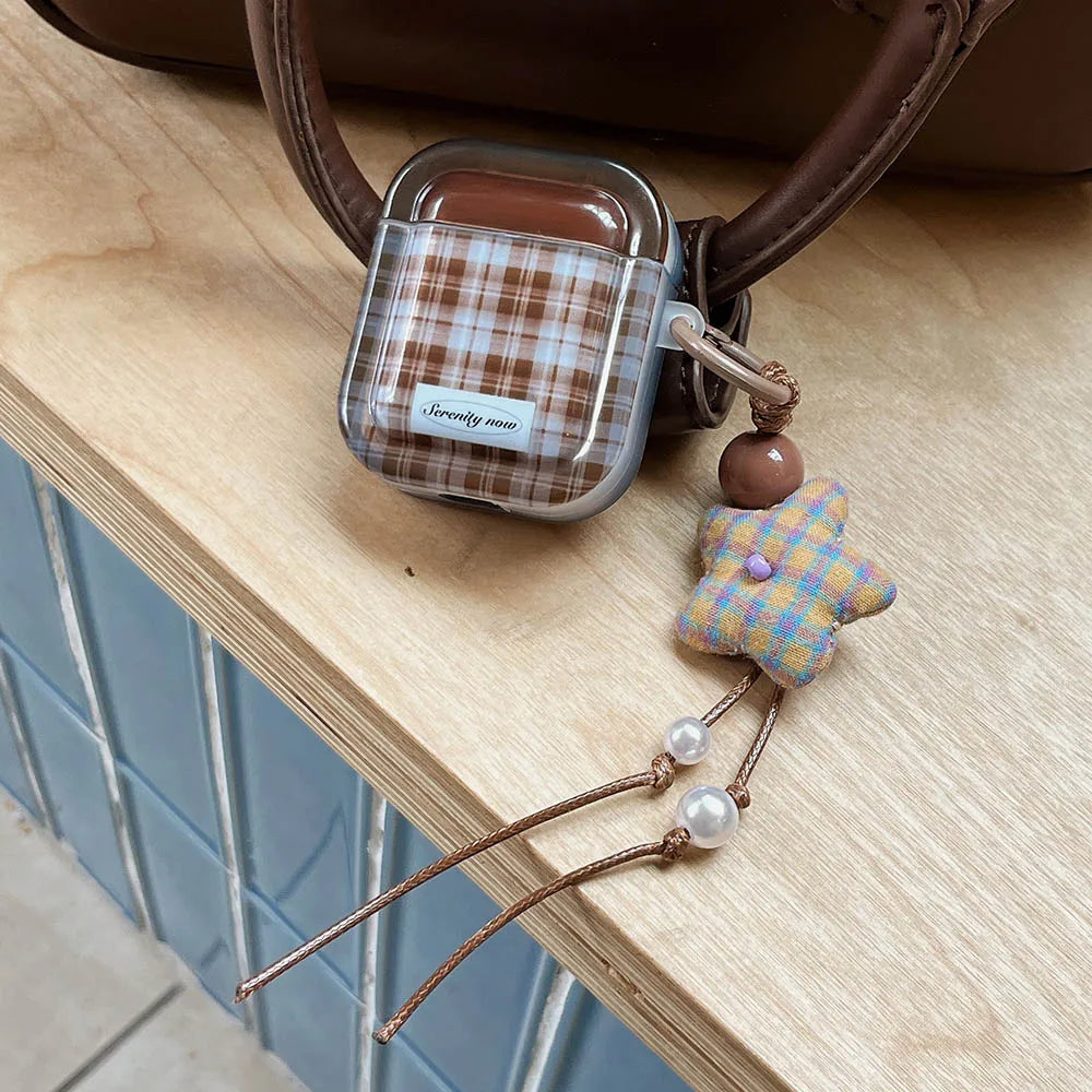Ins Fashion Brown Grid Case For AirPods 4 ANC Pro 2 Earphone Protecitve Cover For AirPods 1 2 3 4th Soft Case with Star Keychain