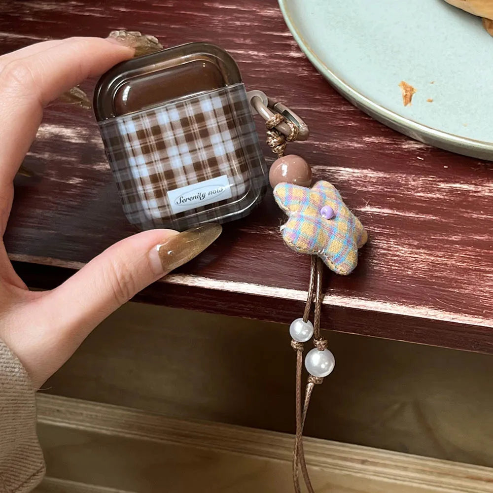 Ins Fashion Brown Grid Case For AirPods 4 ANC Pro 2 Earphone Protecitve Cover For AirPods 1 2 3 4th Soft Case with Star Keychain