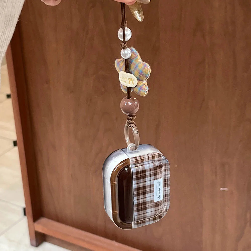 Ins Fashion Brown Grid Case For AirPods 4 ANC Pro 2 Earphone Protecitve Cover For AirPods 1 2 3 4th Soft Case with Star Keychain