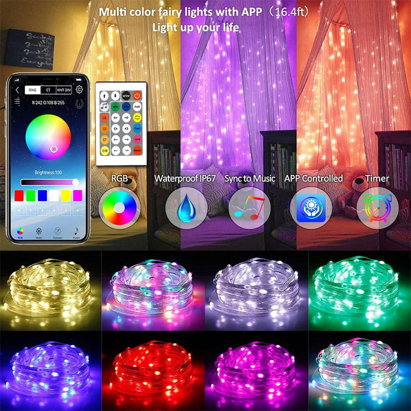 LED string light with Bluetooth, RGB rainbow, running horse, flowing light with festive atmosphere decoration, copper wire light